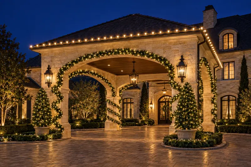 Porte cochere columns in Colleyville TX wrapped with lit holiday garland and warm white lights