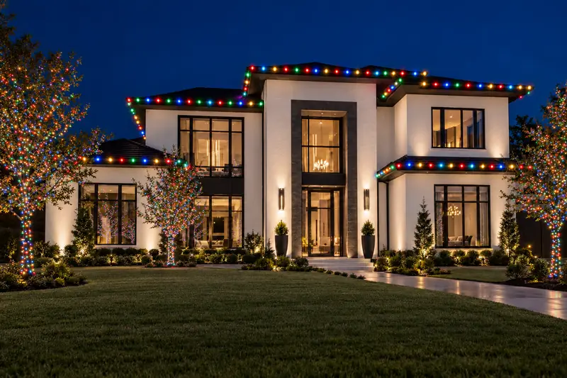 Contemporary Dallas TX home outlined in classic multicolor C9 Christmas bulbs with multicolor wrapped front trees