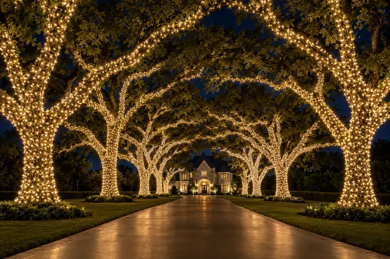 Row of oak trees wrapped in warm white Christmas lights along a Flower Mound TX driveway