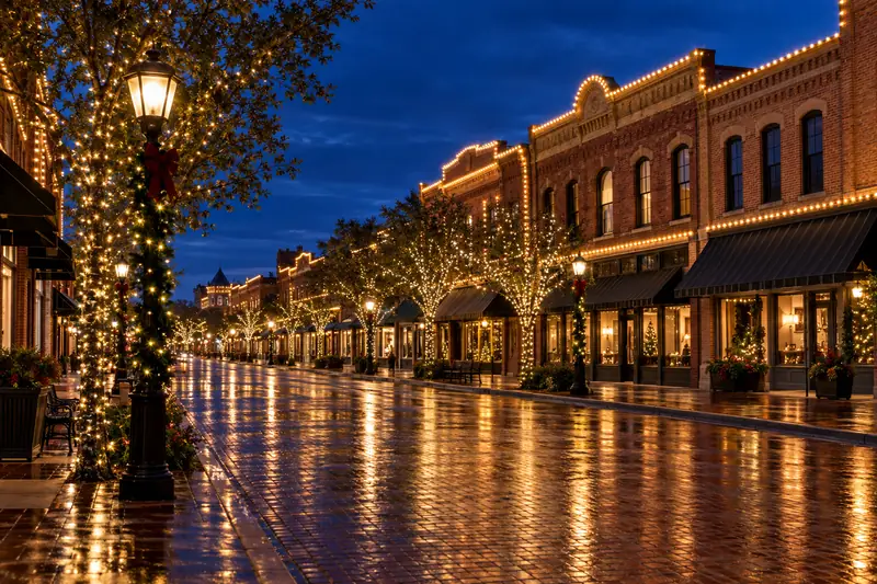 Commercial holiday lighting on a Grapevine TX main street storefront block in the evening