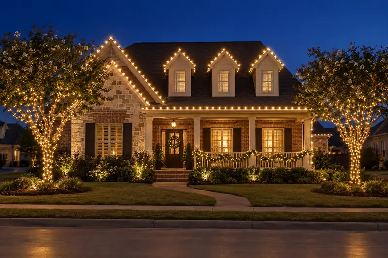 Family home in Keller TX with roofline Christmas lights and a lit garland across the front porch