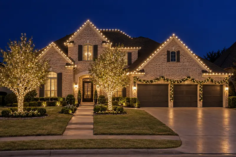 Traditional two storey Plano TX home with roofline Christmas lights and lit porch garland