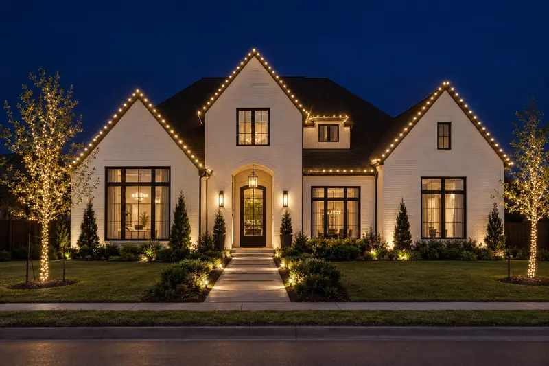 New build home in Prosper TX with crisp warm white roofline Christmas lighting