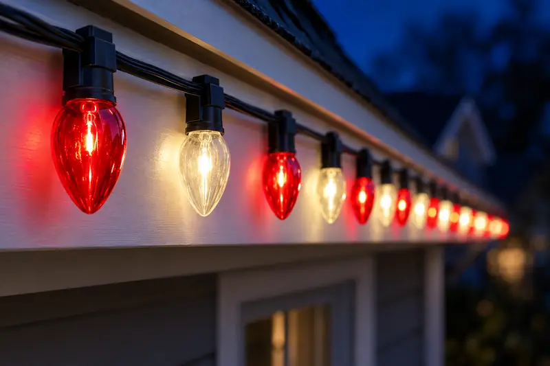 Close detail of professional C9 Christmas bulbs alternating red and warm white along a clean white fascia board