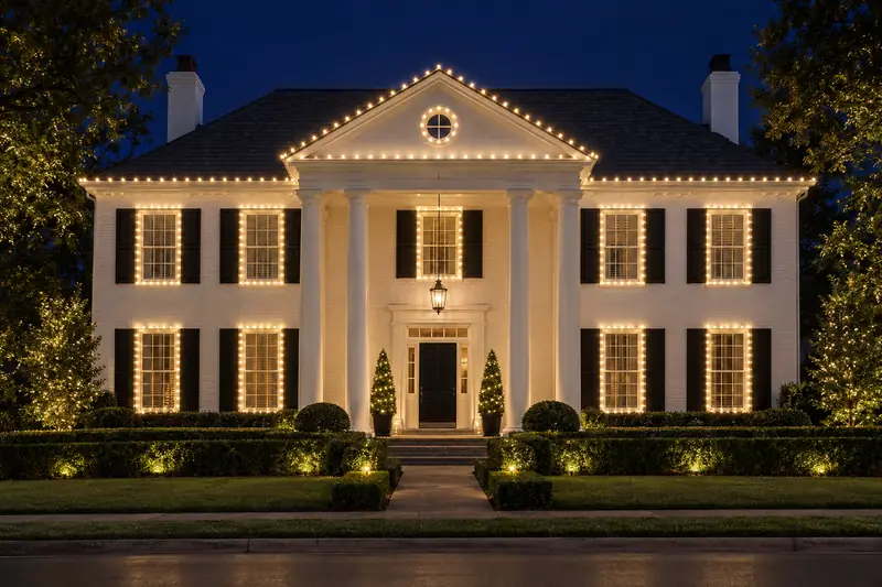 Colonial home in University Park TX with roofline Christmas lighting and lit entry garland