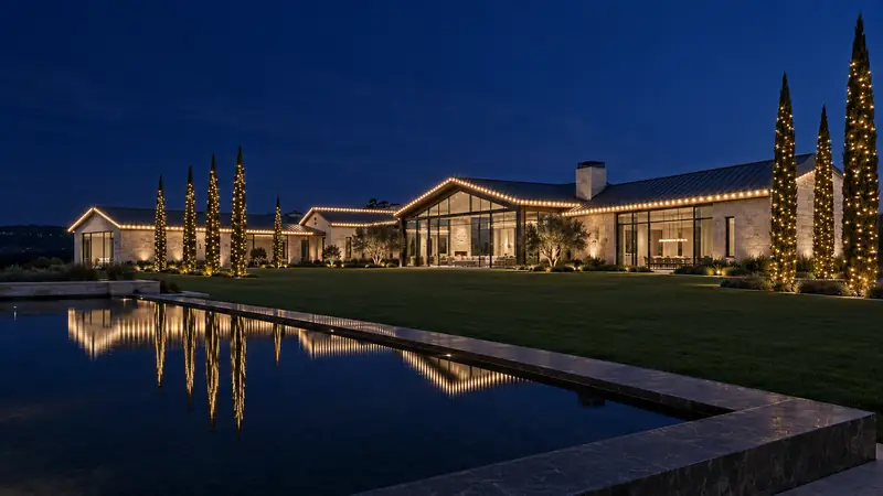 Large Westlake TX estate with full property Christmas lighting across roofline, trees and drive
