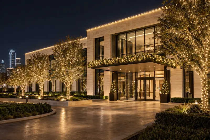 Commercial holiday lighting on a retail and office building entrance in Dallas at night