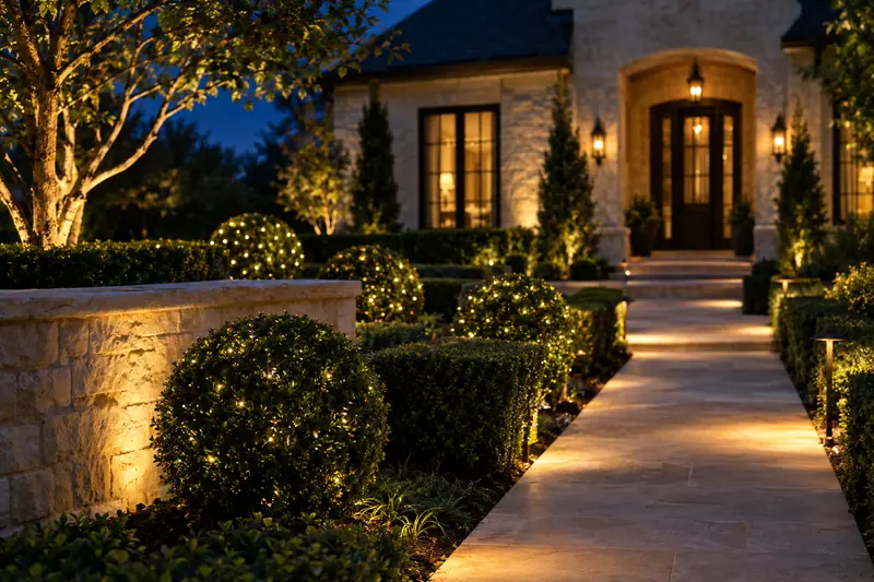Holiday landscape lighting along a stone walkway, planting beds and low shrubs at dusk