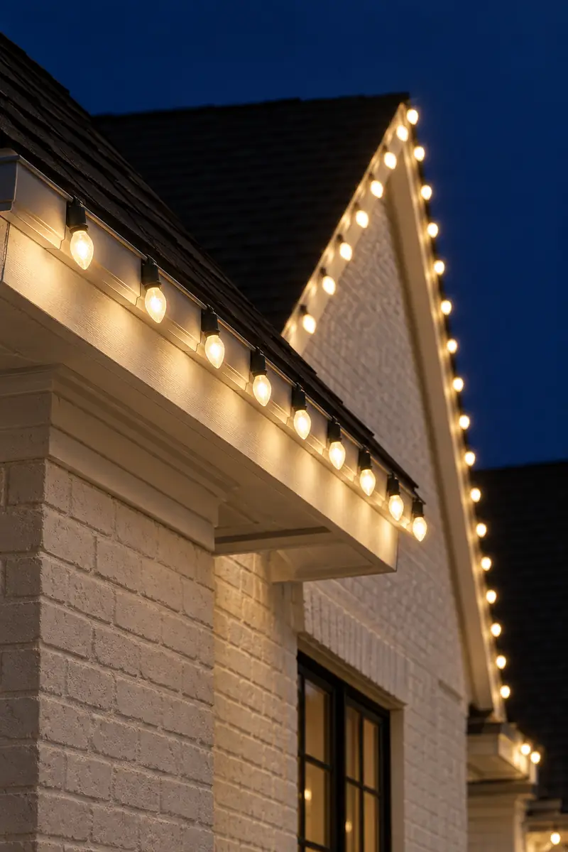 Warm white roofline Christmas lights installed along the eaves and gables of a modern Dallas home