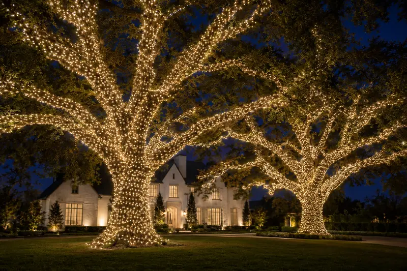 Mature oak trunk and branches wrapped in warm white Christmas lights on a Texas front lawn