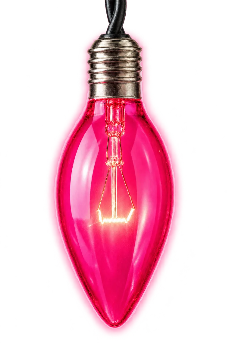 The same Sunday pink brand emblem bulb fully illuminated, filament glowing