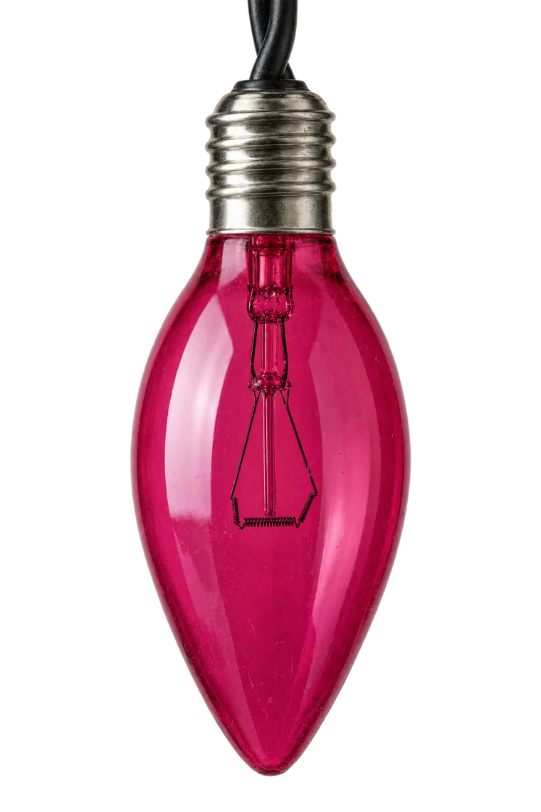 The Sunday pink bulb, the brand emblem of Sunday Holiday Lighting, unlit against white