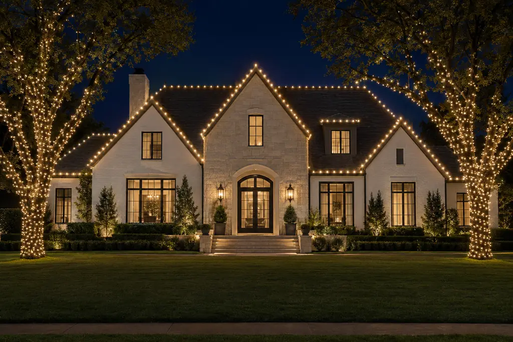 A Texas home shown with a warm white Christmas lighting scheme