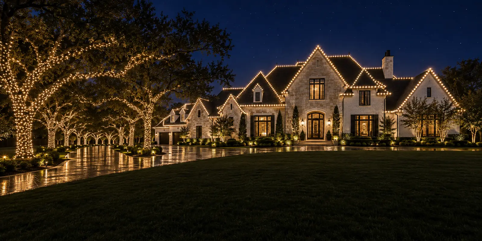 A large Dallas–Fort Worth estate at night with warm white holiday lighting across the whole property
